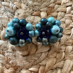 Elegant Vintage Blue beaded clip on earrings Japan